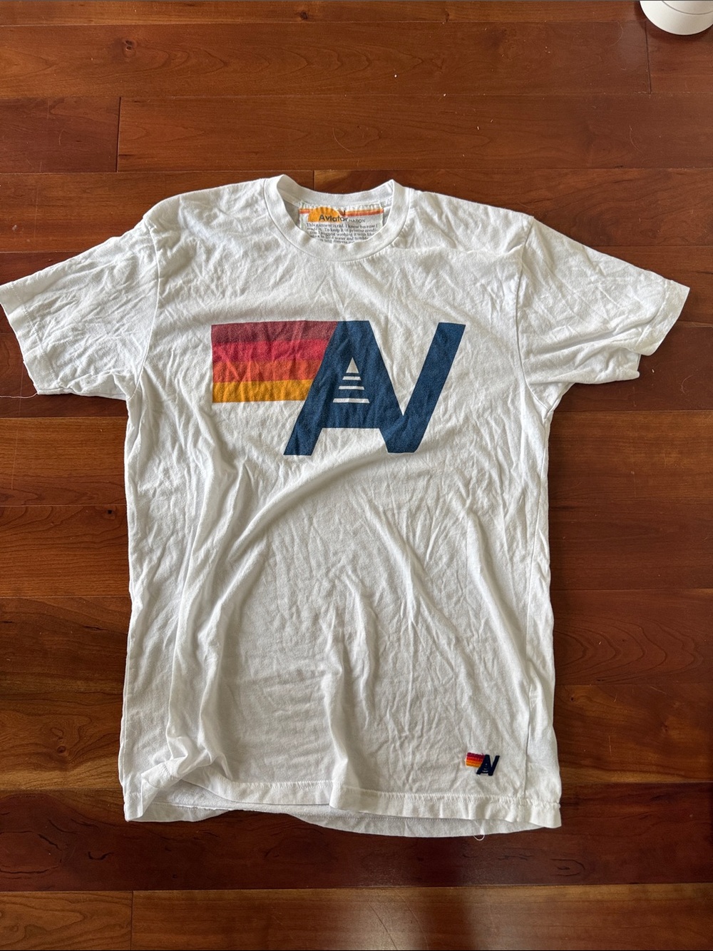 Aviator Nation White Tee with Navy Logo and Sunset Stripes